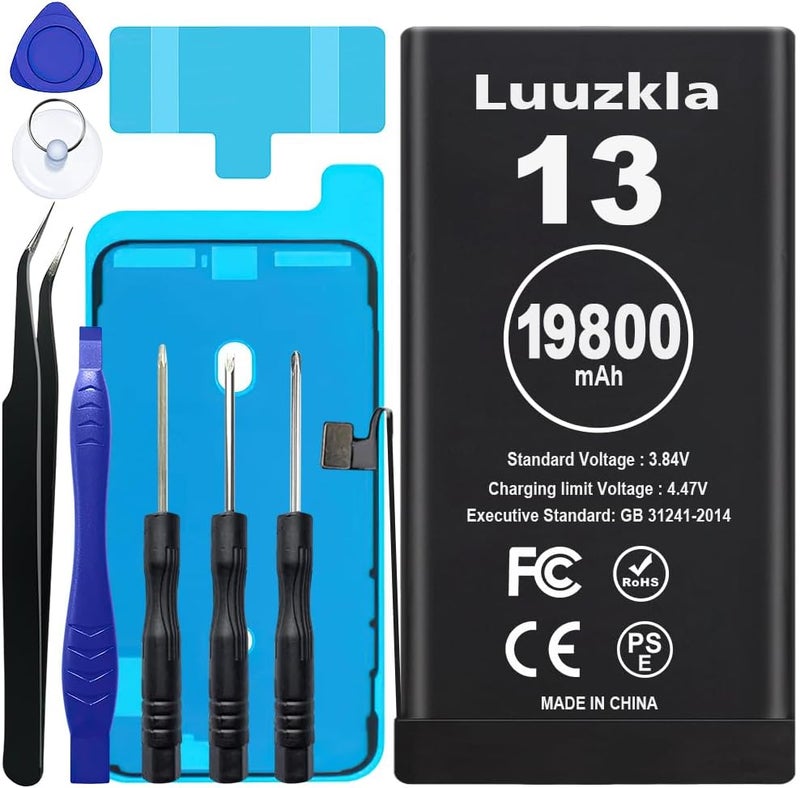 Luuzkla بطارية بسعة 19800mAh (ترقية جديدة 2025) متوافقة مع آيفون 13، بطارية بسعة فائقة متوافقة مع آيفون 13، مع مجموعة أدوات كاملة - 0 دورة سعة عالية - خدمة لمدة 24 شهرًا - Image 1